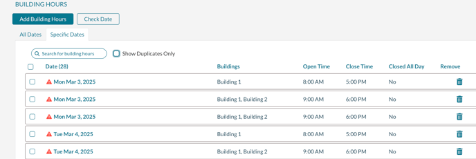 An example of duplicate building hours