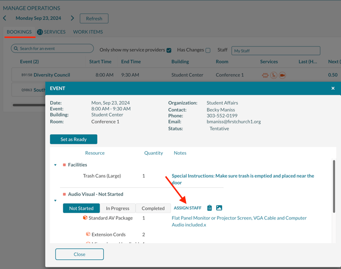 Assigning staff from the bookings tab in operations