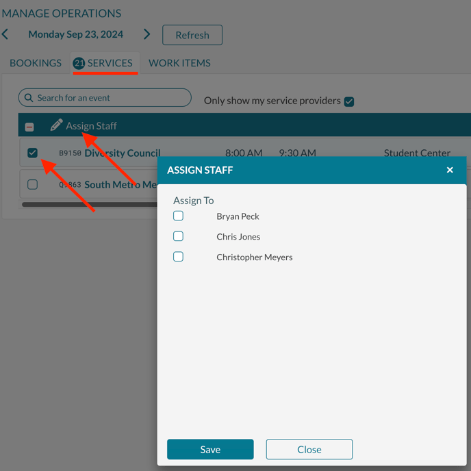 Assigning staff from the service tab of manange operations