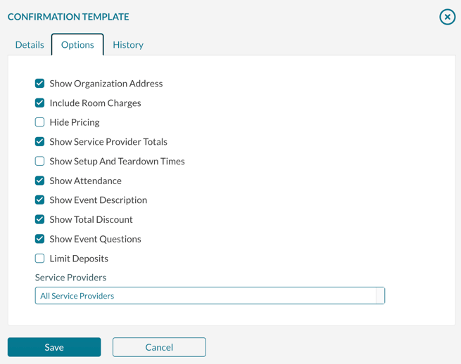 Confirmation Template Options tab