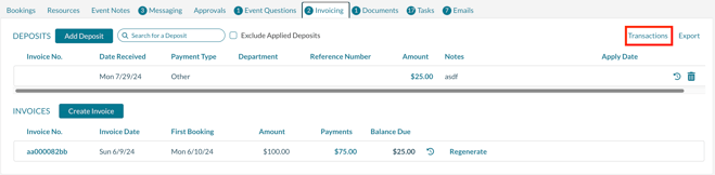 Event Editor displaying the invoicing tab.  The link to Transactions is in a box