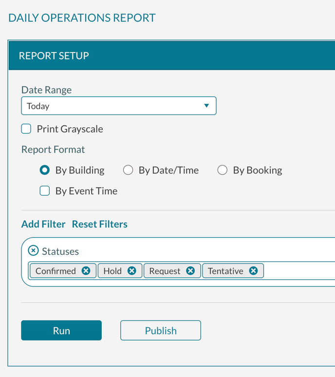 The Daily Operations report setup screen