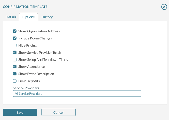 The options that are available when creatingediting a confirmation template