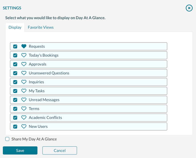 This screen shows a list of all of the options available in Day at a Glance