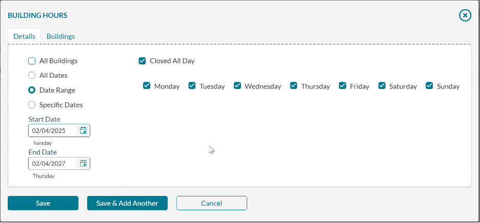 building hours for permanent closure